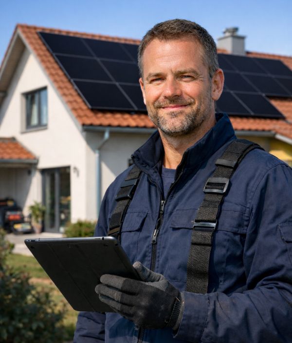 Photovoltaikanlagen Vorarbeiter vor einem Einfamilienhaus