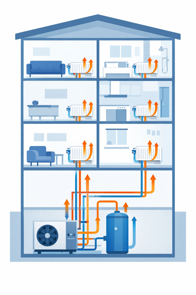 Saubere technische Illustration eines Mehrfamilienhauses im Querschnitt, Wärmepumpe im Keller, mehrere Heizkörper mit digitalen Thermostaten in Wohnungen, dezente Pfeile zeigen Wärmefluss, moderner flacher Illustrationsstil, blau-orange Farbakzente für warm und kalt, minimalistisch, professionell, kein Text
